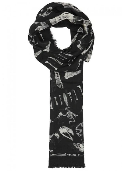 Shop Alexander Mcqueen Bone-print Wool Blend Scarf In Black