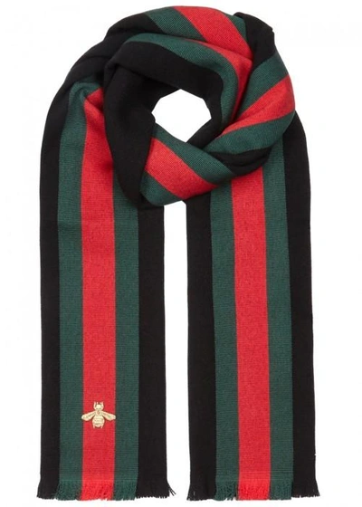 Shop Gucci Black Bee-embroidered Wool Blend Scarf In Green
