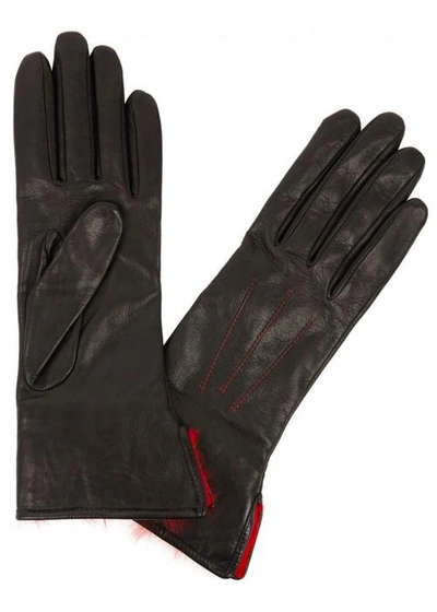 Shop Agnelle Fanny Fur-trimmed Leather Gloves In Black And Red