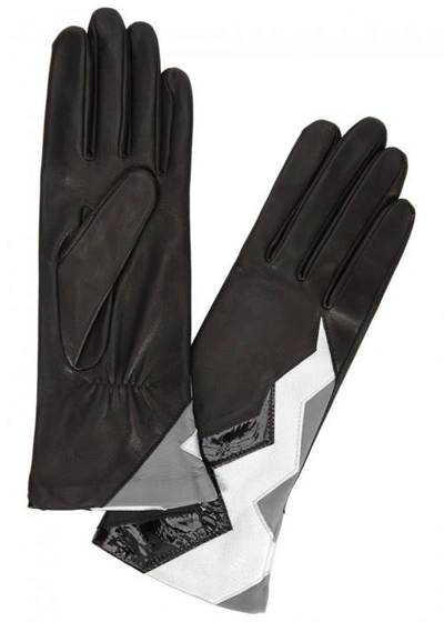 Shop Agnelle Black Lightning-bolt Leather Gloves In Black And Silver