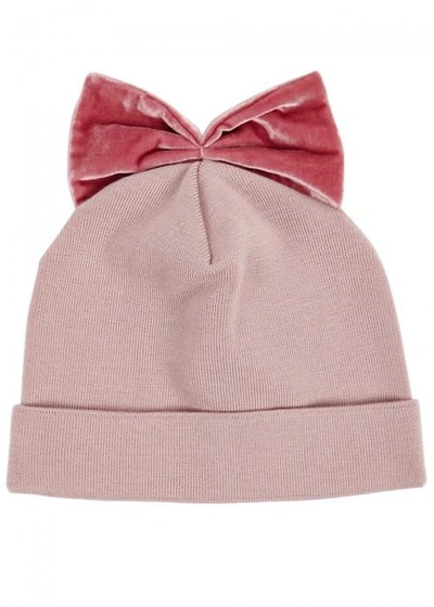 Shop Federica Moretti Light Pink Velvet-bow Wool Beanie