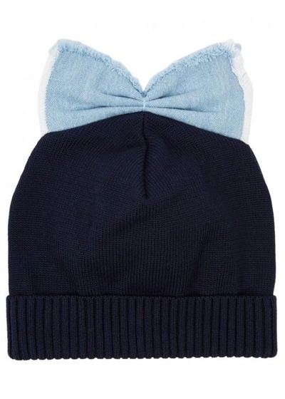Shop Federica Moretti Black Bow-embellished Cotton Beanie In Blue