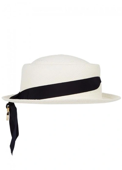 Shop Federica Moretti White Straw Panama Hat In White And Blue