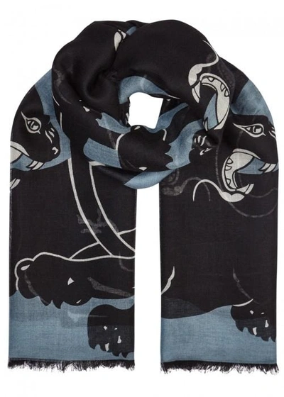 Shop Valentino Panther-print Cashmere Blend Scarf In Blue