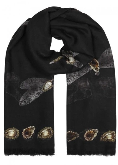 Shop Alexander Mcqueen Dragonfly Printed Silk Blend Scarf In Black