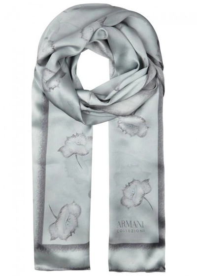 Shop Armani Collezioni Grey Floral-print Silk Scarf In Light Grey