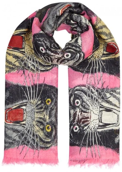 Shop Gucci Tiger Face Printed Cashmere Blend Scarf In Pink