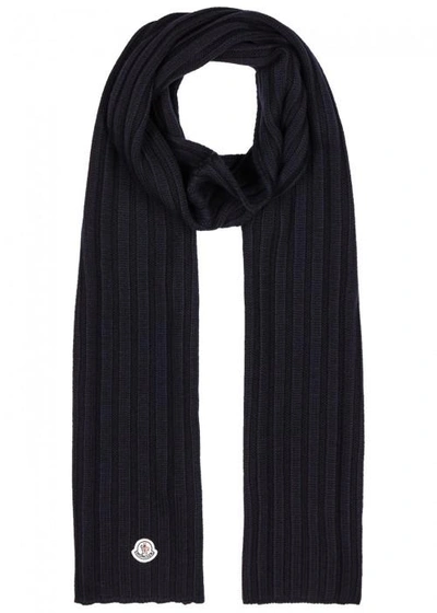 Shop Moncler Navy Ribbed Wool Scarf