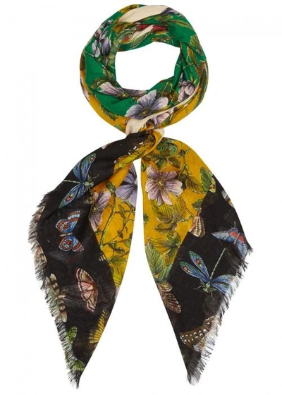 Shop Gucci Floral-print Wool And Silk Blend Scarf In Multicoloured