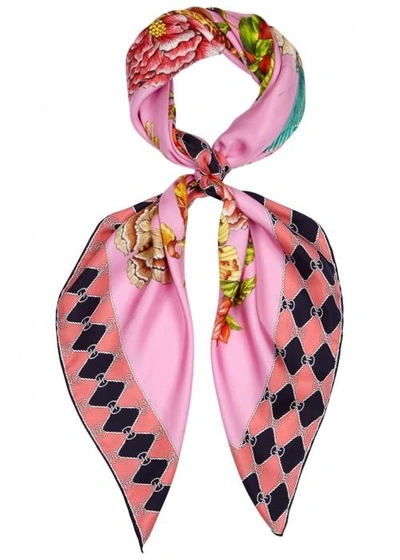 Shop Gucci Pink Floral-print Silk Scarf In Multicoloured