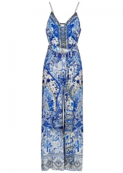 Shop Camilla Printed Silk Jumpsuit In Blue And White