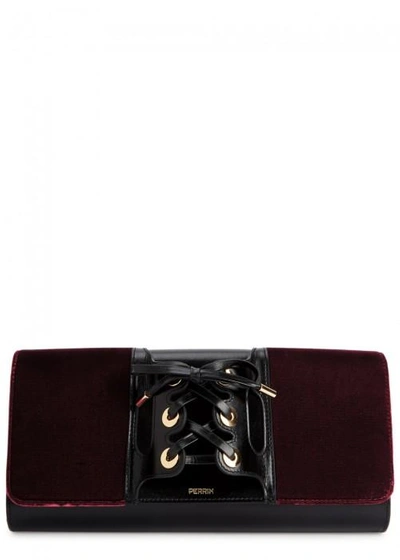 Shop Perrin Paris Le Corset Leather And Velvet Clutch In Bordeaux