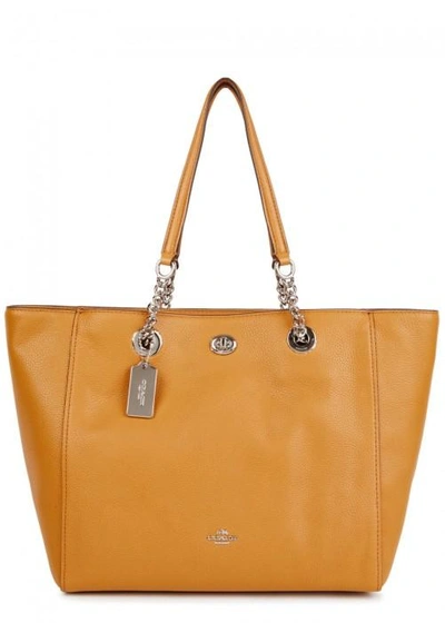 Shop Coach Turnlock Chain Leather Tote In Tan