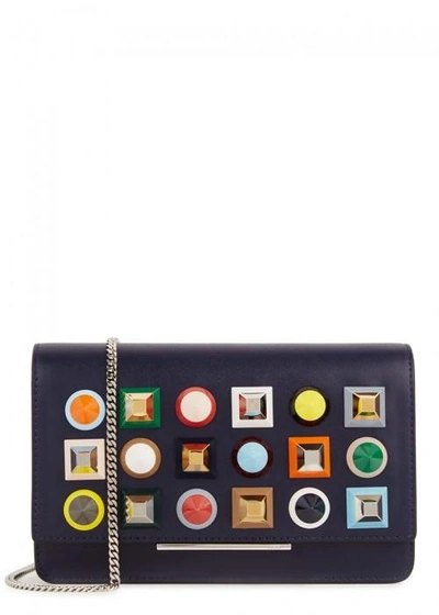 Shop Fendi Navy Embellished Leather Shoulder Bag