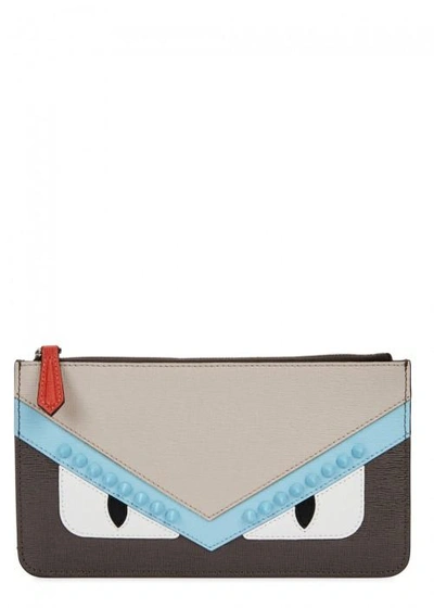 Shop Fendi Monster-appliquéd Saffiano Leather Pouch In Charcoal