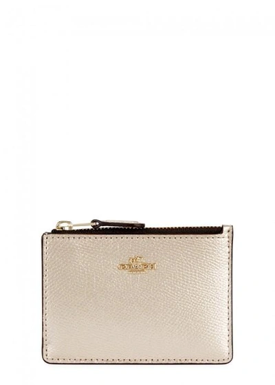 Shop Coach Pale Gold Saffiano Leather Card Holder In Metallic Silver