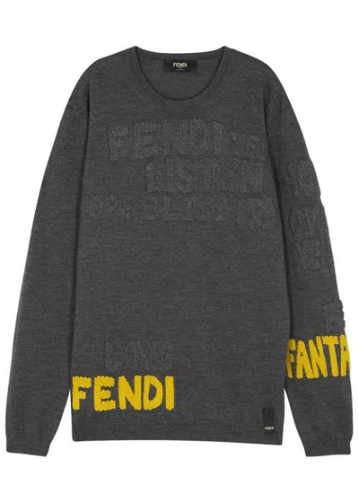 Shop Fendi Grey Logo-intarsia Wool Jumper