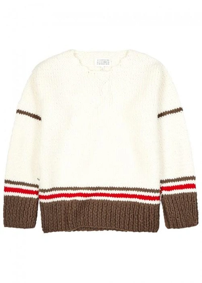 Shop Maison Margiela Distressed Chunky-knit Wool Blend Jumper In Off White
