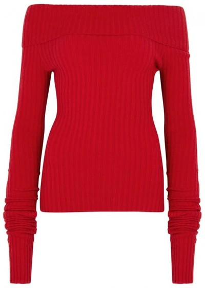 Shop Teatum Jones Red Off-the-shoulder Cashmere Jumper