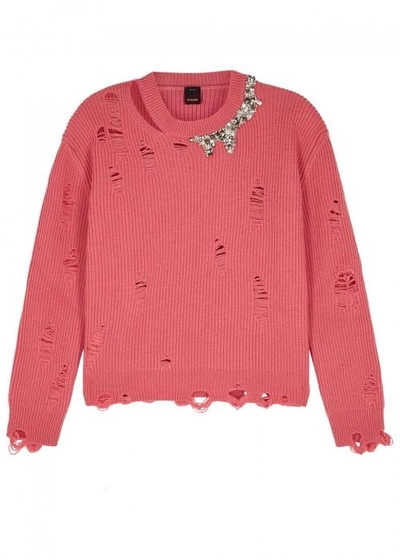 Shop Pinko Anfissa Embellished Distressed Wool Jumper In Pink