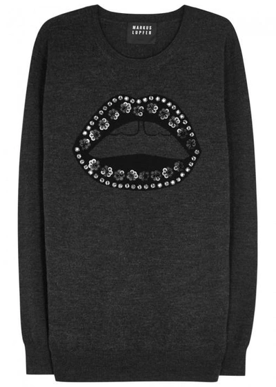 Shop Markus Lupfer Natalie Lip Embellished Wool Jumper In Charcoal