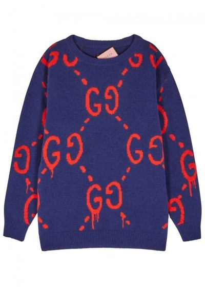 Shop Gucci Ghost Intarsia Wool Jumper In Blue