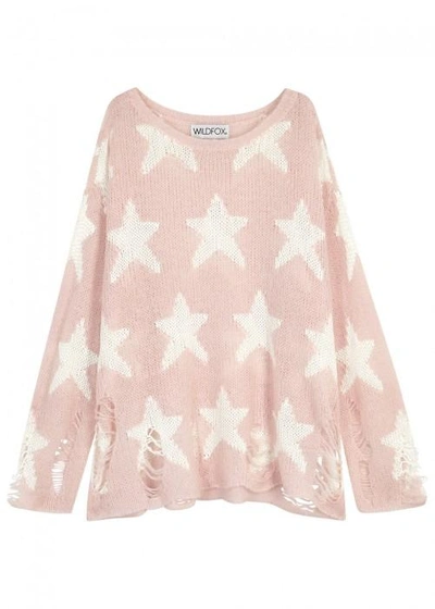 Shop Wildfox Seeing Stars Distressed Open-knit Jumper In Pink And White