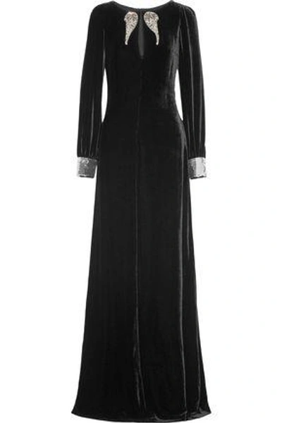 Shop Roberto Cavalli Embellished Velvet Gown In Black