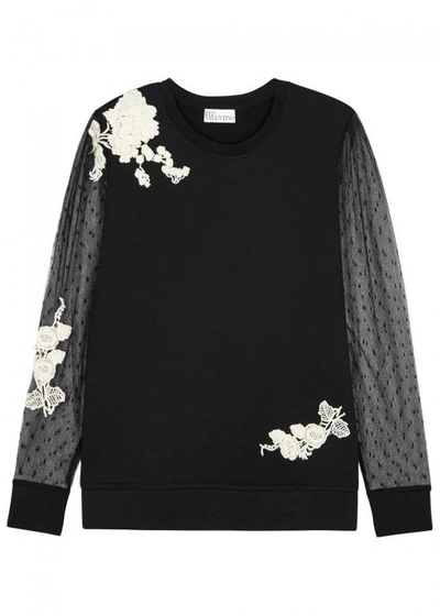 Shop Red Valentino Floral Lace-appliquéd Cotton Blend Sweatshirt In Black And White