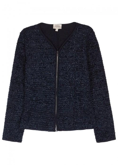 Shop Armani Collezioni Navy Metallic-weave Wool Blend Cardigan