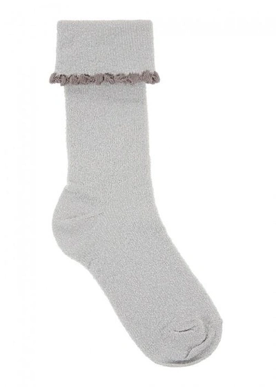Shop Pierre Mantoux Velia Ruffle-trimmed Jersey Socks In Silver