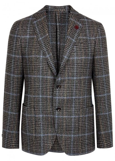 Shop Lardini Grey Checked Wool Blazer In Brown