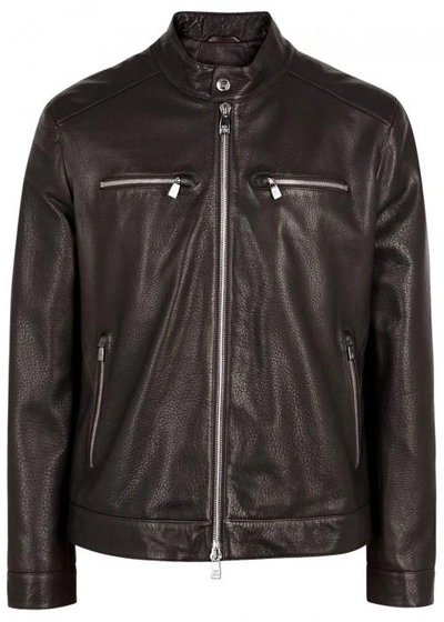 Shop Corneliani Brown Leather Biker Jacket