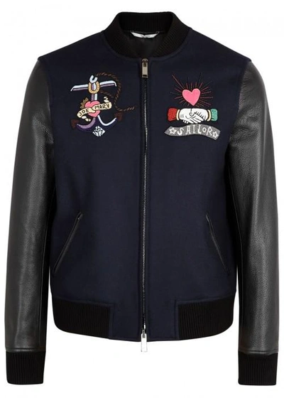 Shop Valentino Bead-embellished Wool Bomber Jacket In Navy