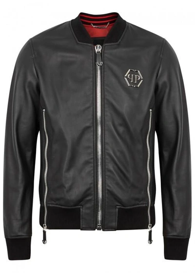 Shop Philipp Plein Black Leather Bomber Jacket