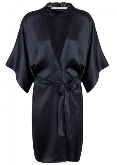 Shop Stella Mccartney Clara Whispering Lace-trimmed Silk Robe In Navy