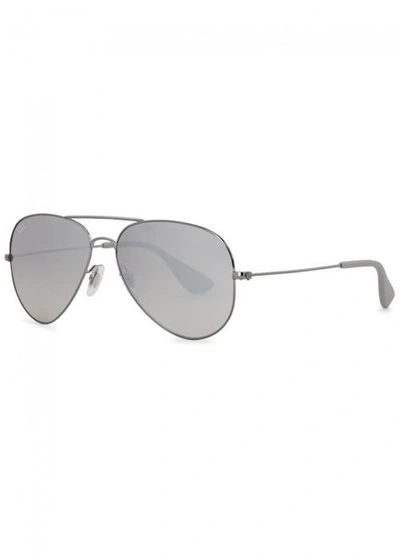 Shop Ray Ban Aviator Silver Tone Sunglasses In Grey