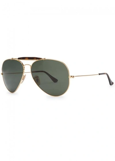 Shop Ray Ban Aviator Gold Tone Sunglasses In Gold Dark Green