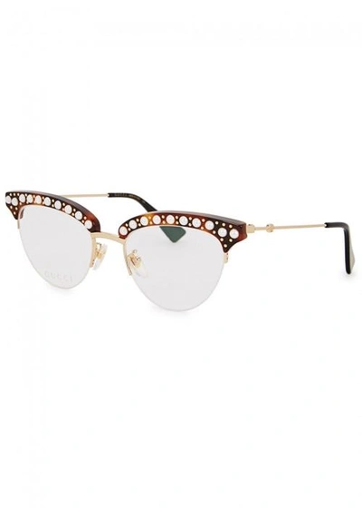 Shop Gucci Embellished Cat-eye Optical Glasses In Havana