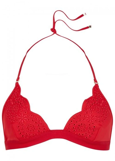 Shop Stella Mccartney Red Eyelet-embroidered Bikini Top