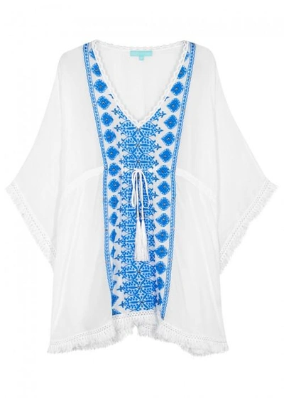 Shop Melissa Odabash Isabelle Embroidered Rayon Kaftan In White And Blue