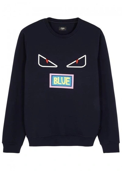 Shop Fendi Eyes-appliquéd Wool Blend Sweatshirt In Navy