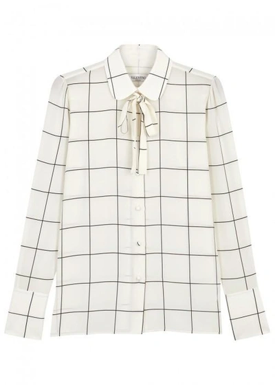 Shop Valentino Ivory Checked Silk Blouse In White And Black