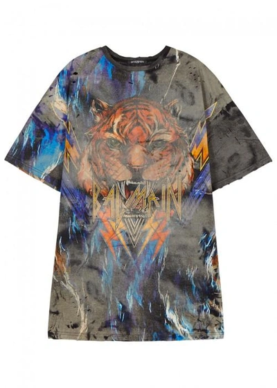 Shop Balmain Distressed Tiger Print T-shirt In Black