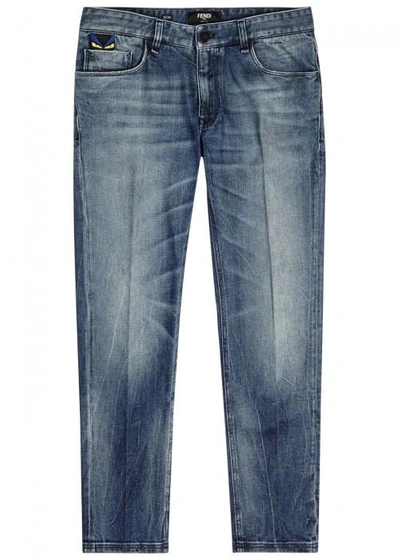 Shop Fendi Blue Embroidered Slim-leg Jeans In Dark Blue