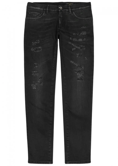 Shop Dolce & Gabbana 14 Distressed Slim-leg Jeans In Black