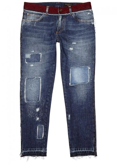Shop Dolce & Gabbana Navy Straight-leg Distressed Jeans In Blue