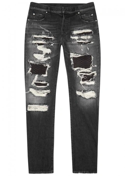 Shop Balmain Python-panelled Distressed Slim-leg Jeans In Dark Grey
