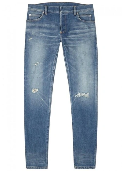 Shop Balmain Blue Distressed Skinny Jeans