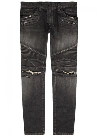 Shop Balmain Black Distressed Slim-leg Biker Jeans